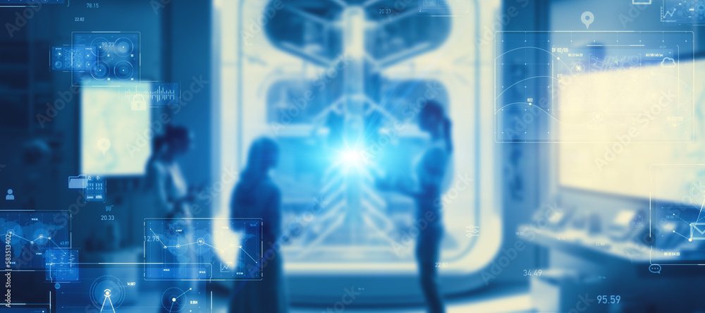 Poster futuristic lab and science technology concept. communication network. medical technology. wide angle