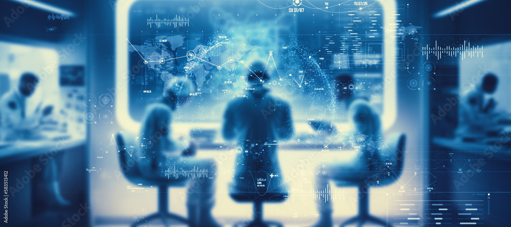Poster futuristic lab and science technology concept. communication network. medical technology. wide angle