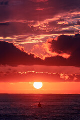 Surfer in the ocean looking towards the sunrise. Gold Coast, Australia