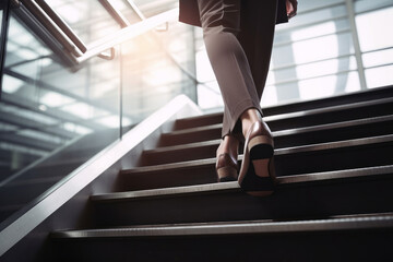 Close up of business womans feet walking up a set of stairs to reach their goals. Generative ai