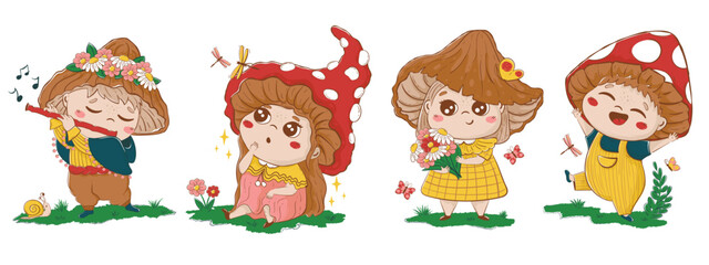 Collection of funny fairy tale characters of children with mushroom hats in cartoon doodle style. Clipart for decoration of children's goods, stationery, nursery