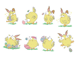 Clipart collection of funny chicks with easter eggs and bunny ears in doodle sketch style. Hand drawn cute chicken set.