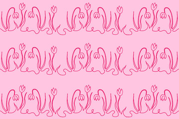 Obraz premium Tender seamless pattern with line art snowdrops on pink background. Wallpaper and bed linen print. Continuous linear flowers.