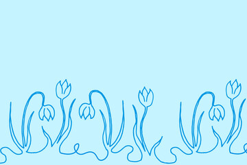 Tender blue background with line art snowdrops with copy space.
