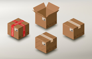 Set of cardboard boxes. Realistic carton box. Adhesive tape, duct tape. Sign of delicate delivery box with a print. Destination ticket with barcode. Fragile content. Post mockup. Vector illustration.