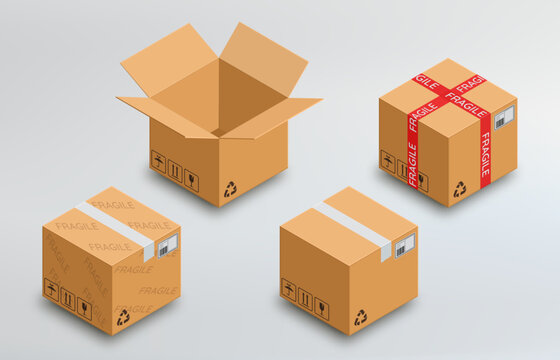 Set of cardboard boxes. Realistic carton box. Adhesive tape, packing duct tape. Delicate cargo sign box marking. Destination ticket with barcode. Fragile packaging. Post mockup. Vector illustration.