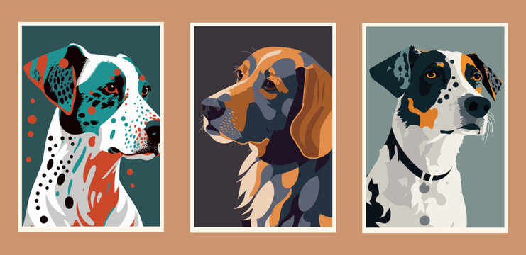 Set of vector illustrations of portraits of dogs. Can be used for wall art, postcards, posters, flyers