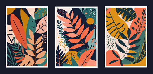 Fototapeta na wymiar Set of creative universal cards with tropical leaves. Hand Drawn textures for invitations, greeting cards.