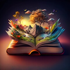 Naklejka premium Opened old magic fantasy fairytale book with colourful landscape growing out of books pages. Generative AI