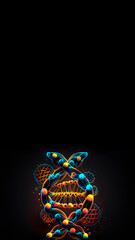 stylized DNA on a dark background with negative space, biotechnology and research of unknown species, black background, copy space, generative ai