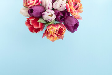 A bouquet of colorful bright tulips of different varieties on a blue background. Place for text