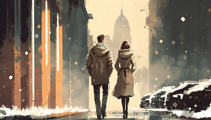 couple in love walking on street of city, illustration painting, Generative AI