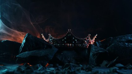 Golden crown on fire. Fantastic and fabulous composition on dark background. Panoramic view of the fog. Layout for your logo. 