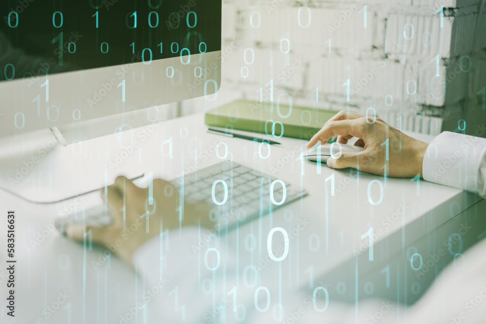 Aufkleber creative abstract binary code hologram and hands typing on computer keyboard on background, ai and m