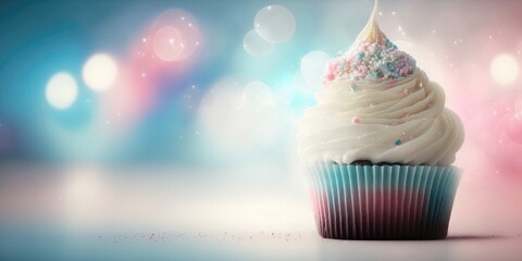 Cupcake On Background White Pink Blue Magical Fantasy Bokeh. Generative AI
