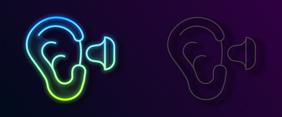 Glowing neon line Earplugs and ear icon isolated on black background. Ear plug sign. Noise symbol. Sleeping quality concept. Vector