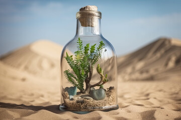 biosphere with rich green plant vegetation inside of a closed glas bottle surrounded of a hot and dry desert. global warming and climate change concept. generative ai