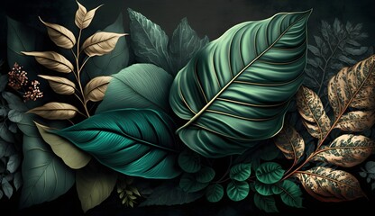 Large Botanical tropical leaves with dark green background, close up of luscious greenery 