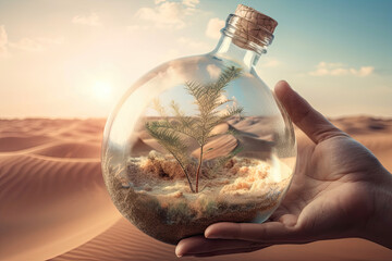 hand holding a biosphere with rich green plant vegetation inside of a closed glas bottle surrounded of a hot and dry desert. global warming and climate change concept. generative ai