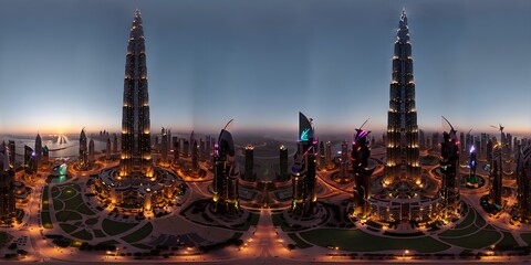 Photo of a futuristic city skyline illuminated at night