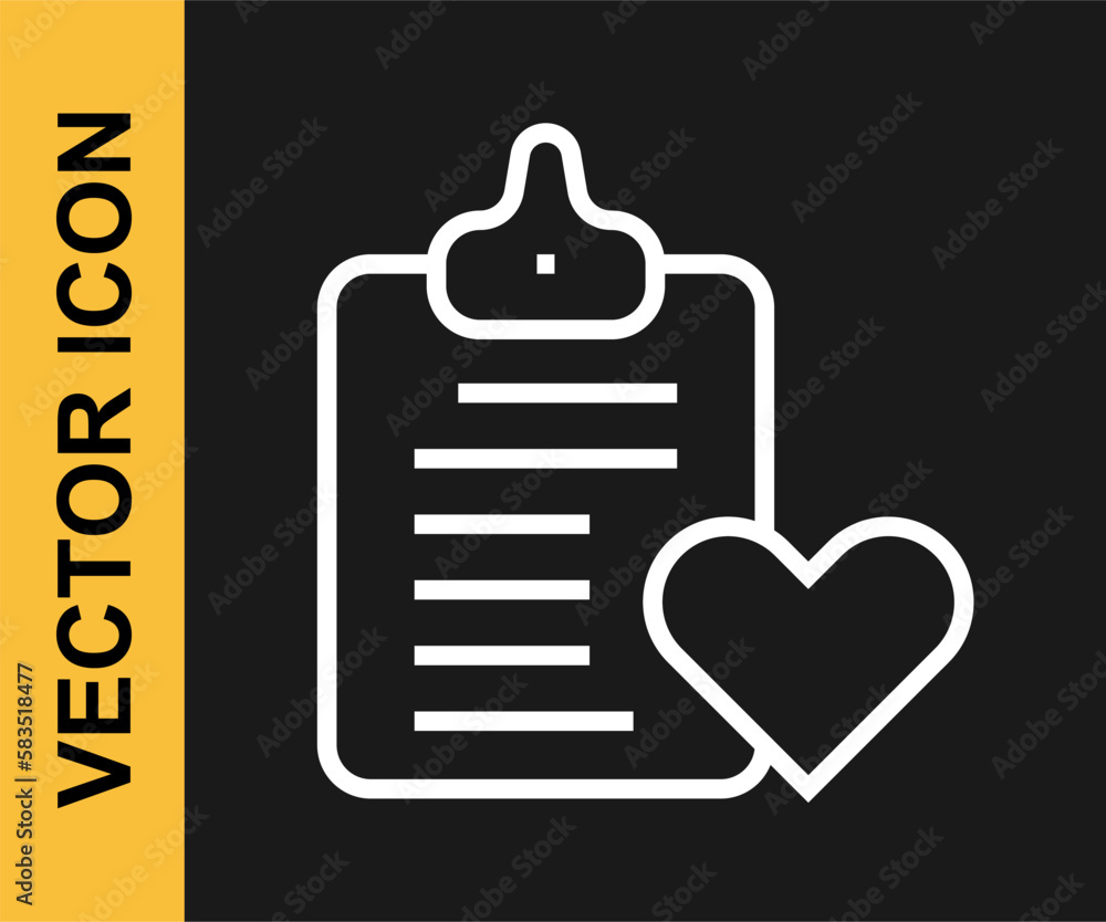 Wall mural White line Medical clipboard with clinical record icon isolated on black background. Prescription, medical check marks report. Vector