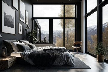 Dark loft master bedroom with large windows. luxury studio apartment in a loft style in dark colors, trendy gray minimalistic interior, king-size bed. AI generated image.