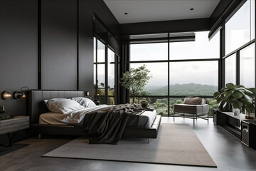 Dark loft master bedroom with large windows. luxury studio apartment in a loft style in dark colors, trendy gray minimalistic interior, king-size bed. AI generated image.