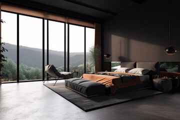 Obraz premium Dark loft master bedroom with large windows. luxury studio apartment in a loft style in dark colors, trendy gray minimalistic interior, king-size bed. AI generated image.