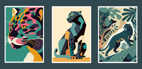 Set of vector posters with leopards and tropical leaves. Collection of cards with wild animals.