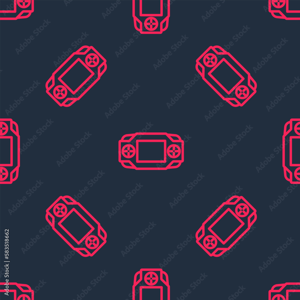 Poster red line portable video game console icon isolated seamless pattern on black background. handheld co