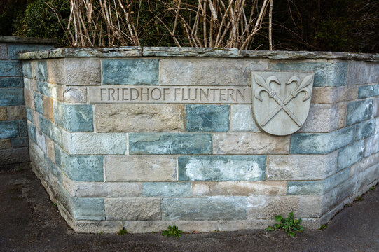 Z&uuml;rich, Switzerland - February 22, 2023: Fluntern Cemetery wall in Zurich, where James Joyce is buried