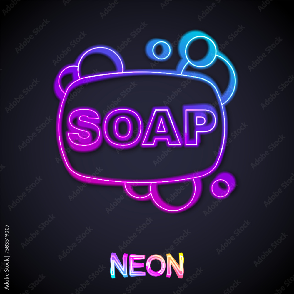 Poster glowing neon line bar of soap icon isolated on black background. soap bar with bubbles. vector