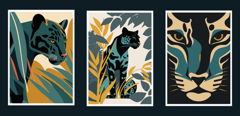 Set of vector posters with leopard silhouettes, leaves, plants.