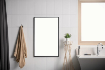 mockup of a vertical blank canvas hanging on the wall in a contemporary bathroom