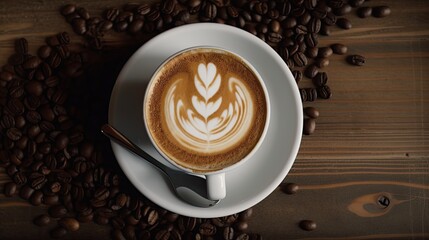 A cup of coffee and beans on the table , the art of latte with warm atmosphere . Generative AI