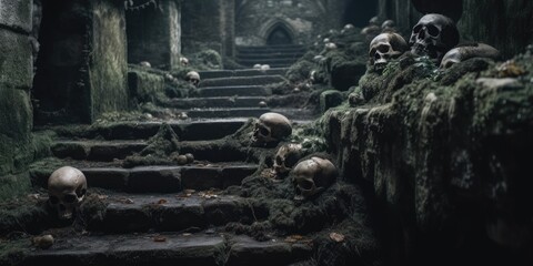Skeletal army of the undead king littered on castle stone steps, broken and shattered skulls, scary macabre scene of death and decay - generative AI - obrazy, fototapety, plakaty