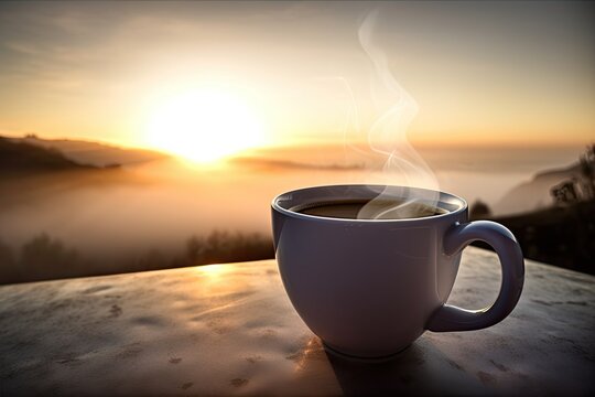 A cup of coffee on the table with the sunrising in the morning.Generative AI