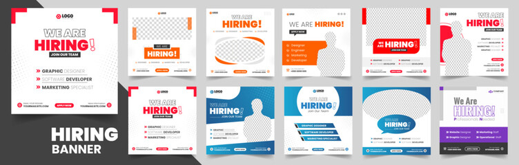 set of 10 big mega collection We are hiring job vacancy social media post banner design template. We are hiring job vacancy square web banner design bundle. hiring banner set.