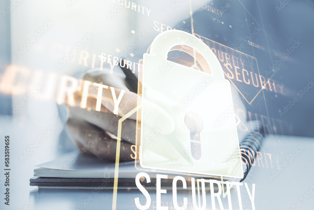 Poster creative lock illustration with microcircuit and man hand writing in diary on background, cyber secu