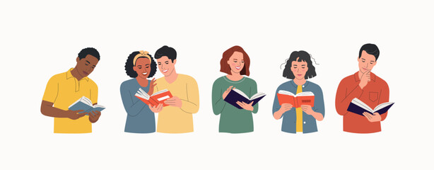 Young  different women and men reading book isolated. Vector flat illustration