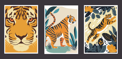 Set of vector cards with tigers, leopard and tropical leaves.