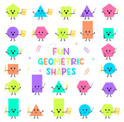 Geometric shapes with cartoon face, various basic geometric figures with face emotions. Vector illustration for kids. Cute funny characters. Educational material, all elements are isolated