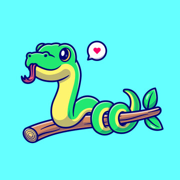 Cute Snake On Branch Cartoon Vector Icon Illustration. Animal Nature Icon Concept Isolated Premium Vector. Flat Cartoon Style