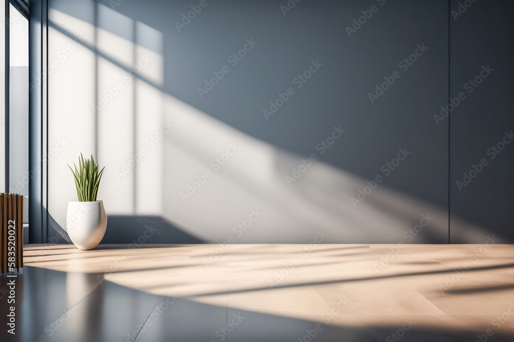 Aufkleber light gray wall and and a wooden floor with a potted plant with interesting light glare. empty backg