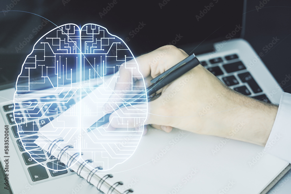 Poster double exposure of creative artificial intelligence symbol with hand writing in notebook on backgrou