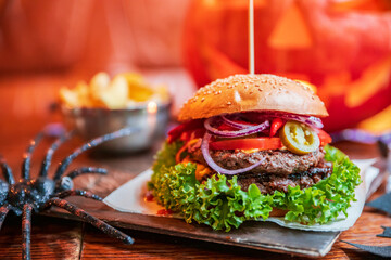 Healthy burger vegan and nonvegan style food dish. Restart burger sets on wooden plate. Meaty juicy...