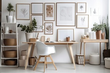 With numerous mock up photo frames, a wooden desk, a brown chair, a neon letter, office supplies, and personal items, create a scandinavian interior for your home office. neutral house staging with st