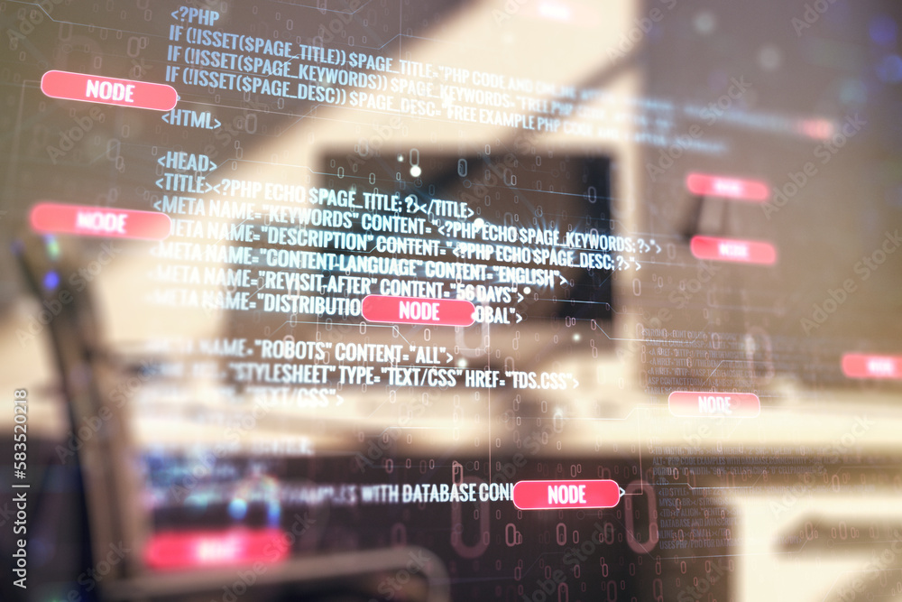 Poster double exposure of abstract programming language and modern desktop with laptop on background, resea