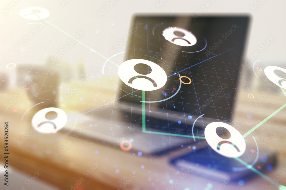 Aufkleber double exposure of social network icons concept and modern desk with computer on background. network