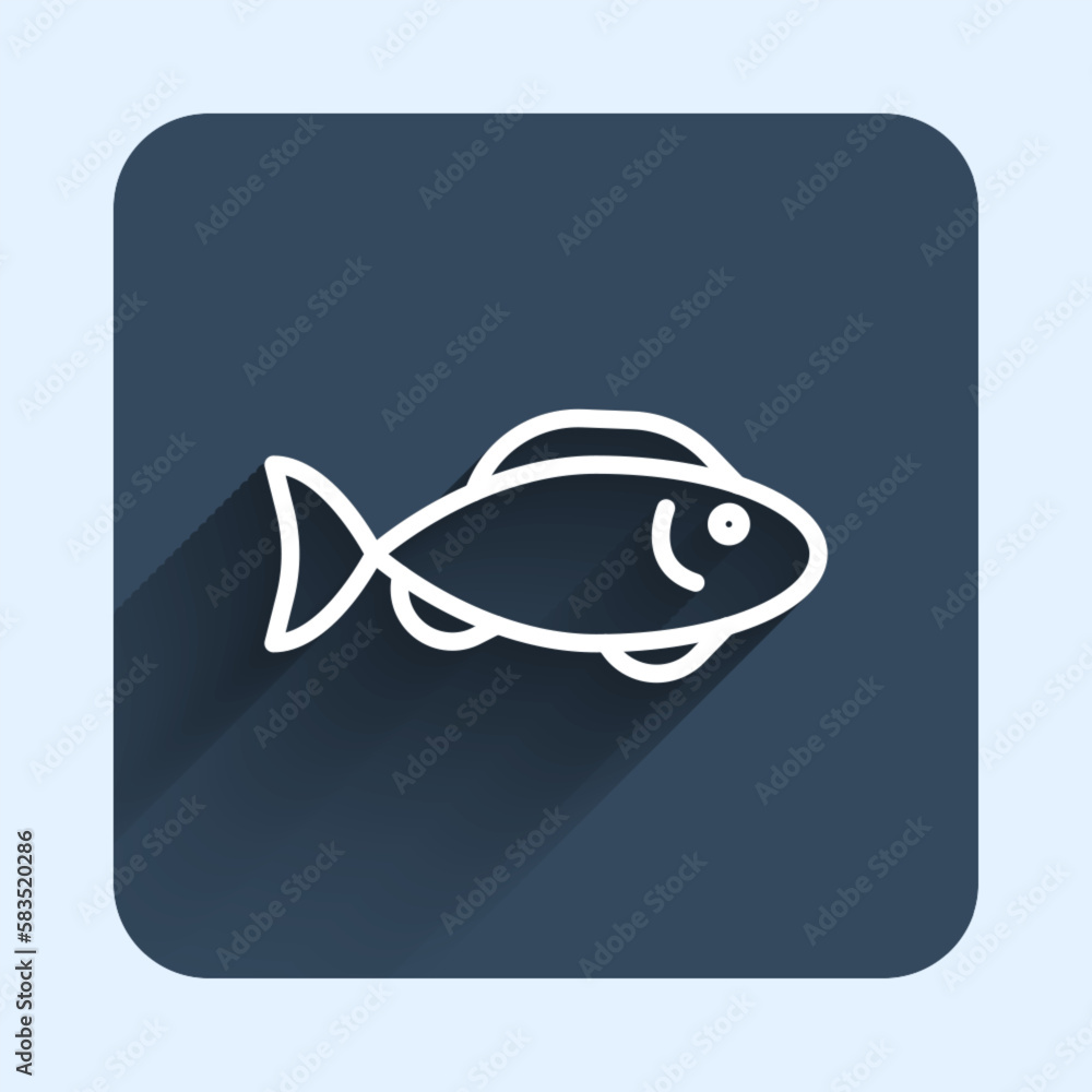 Poster white line fish icon isolated with long shadow background. blue square button. vector